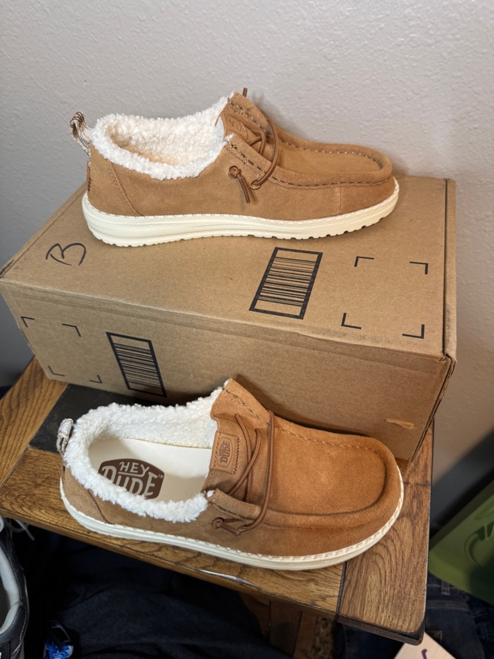 Women’s Hey Dude Tan Suede Shearling-Lined Slip-Ons - Picture 2 of 6